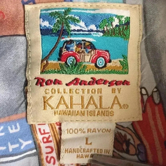 Vintage KAHALA HAWAIIAN RON ANDERSON COLLECTION BEACH TOWN ALOHA SHIRT SZ LARGE - Picture 3 of 6